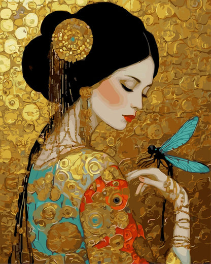 An artistic paint by number of a woman in profile with black hair, a gold hairpiece, and an ornate gold dress with turquoise and red accents, holding a blue dragonfly against a textured gold background.