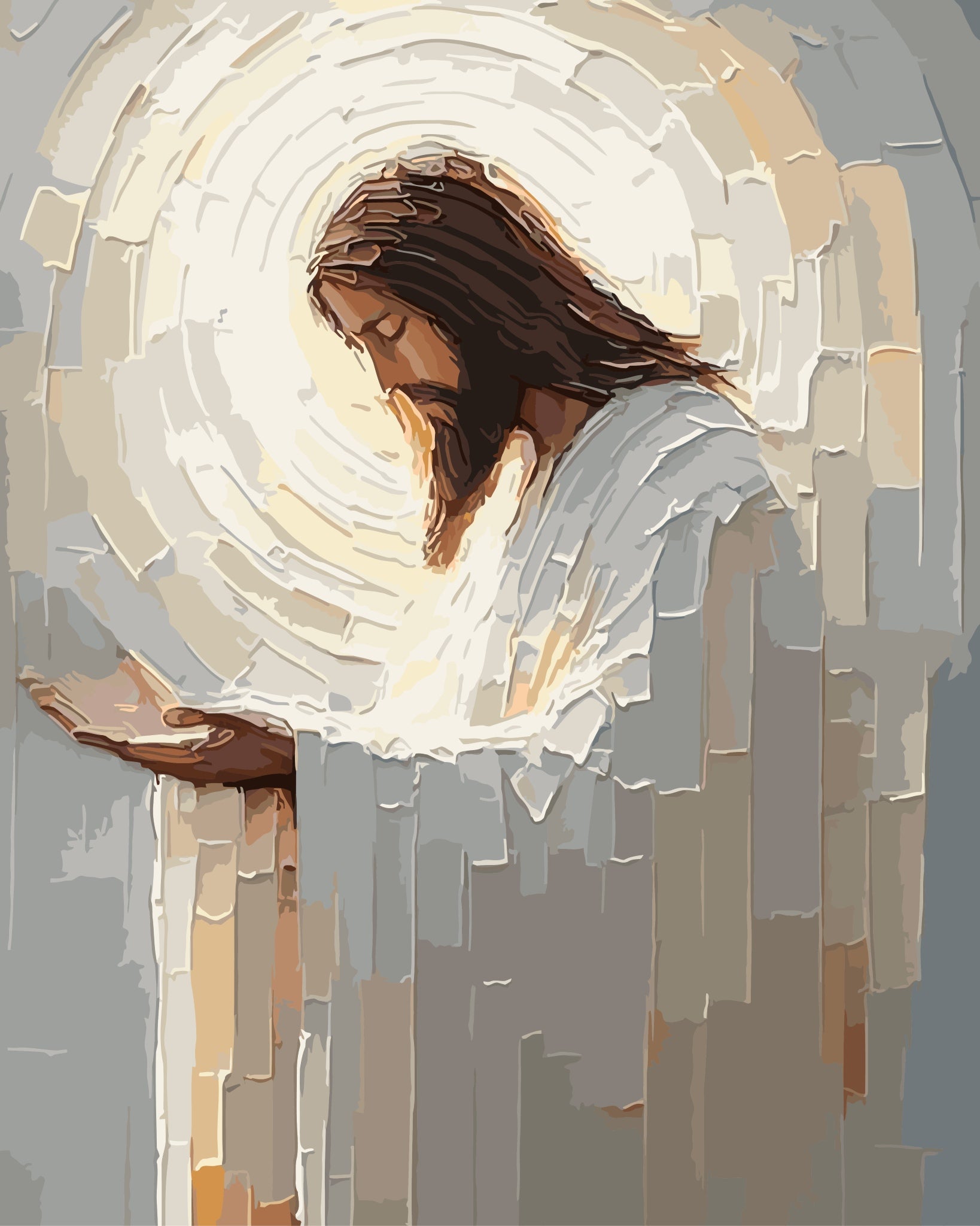 Completed Give Thanks paint by number canvas — Jesus figure in white with radiant halo, stretch framed 40x50cm wall art South Africa
