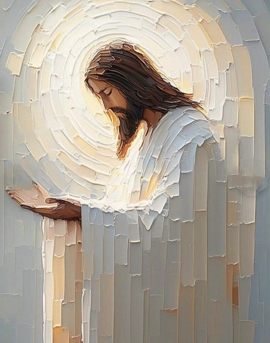 Jesus bowing in prayer, white robes and glowing halo in soft grey and gold — Give Thanks paint by number kit 40x50cm South Africa
