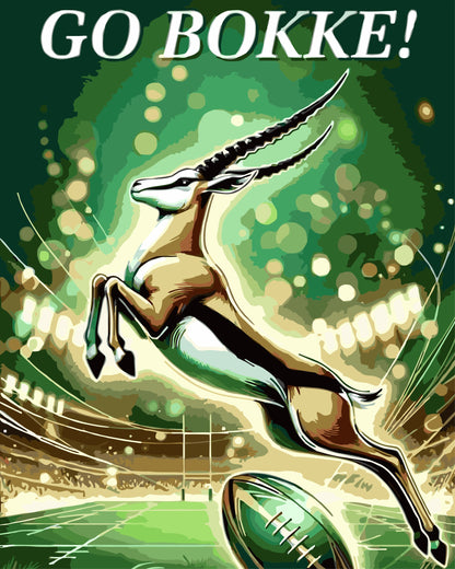 Gold springbok leaping over a football with 'GO BOKKE!' text on a green background