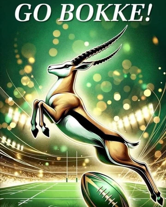 Stylised antelope with a rugby ball on a sports field, featuring 'GO BOKKE!' text.
