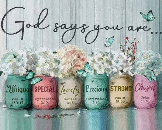 Decorative jars with flowers and motivational quotes on a light blue background