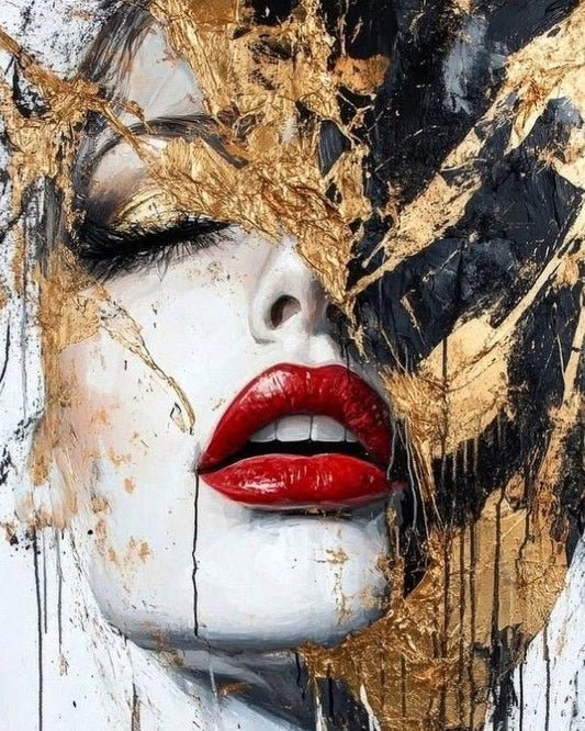Artistic depiction of a face with red lips and gold and black abstract elements