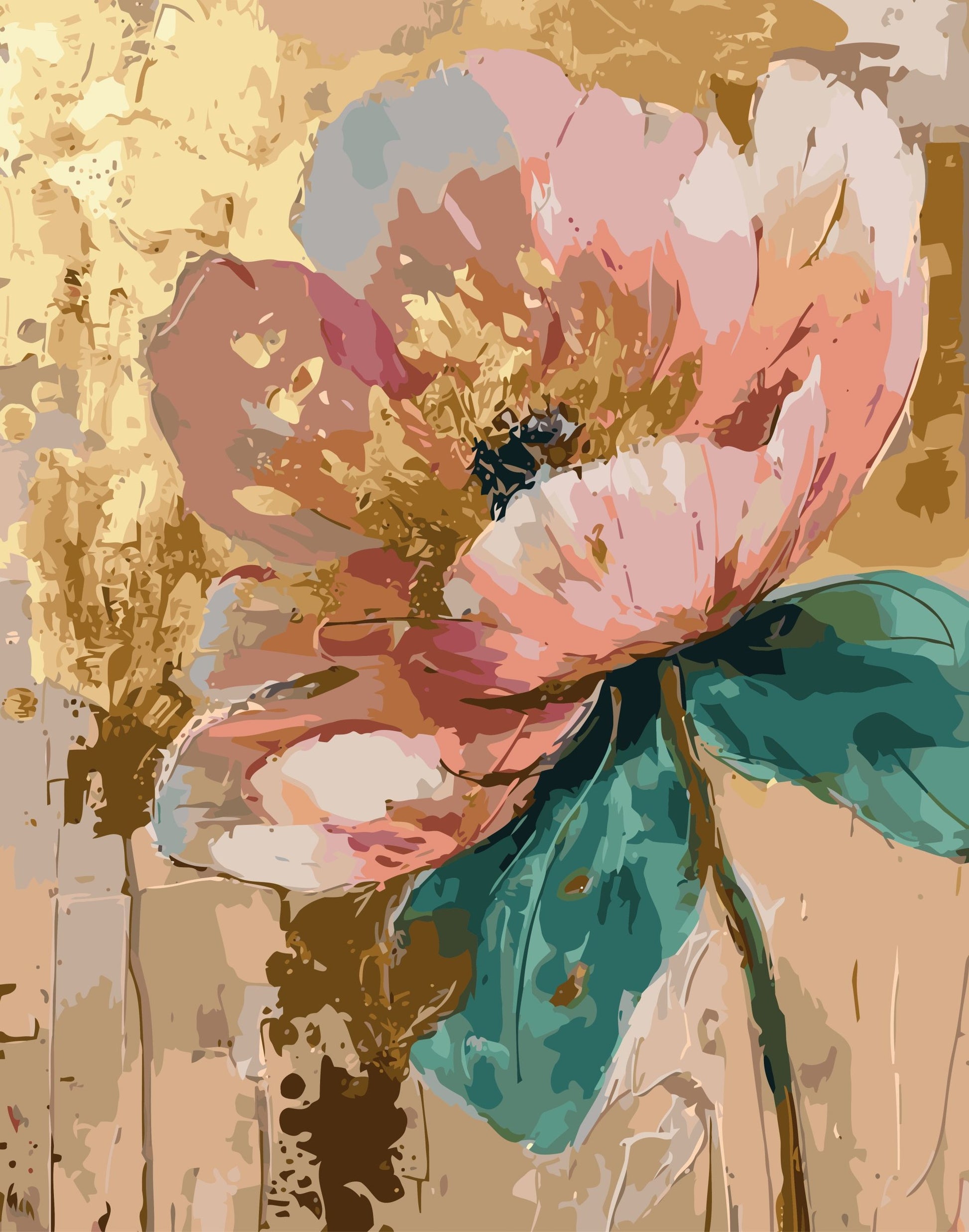 Colorful floral painting on a textured gold and brown background