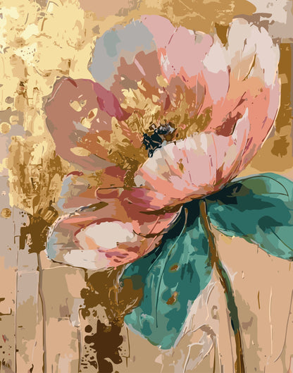 Colorful floral painting on a textured gold and brown background