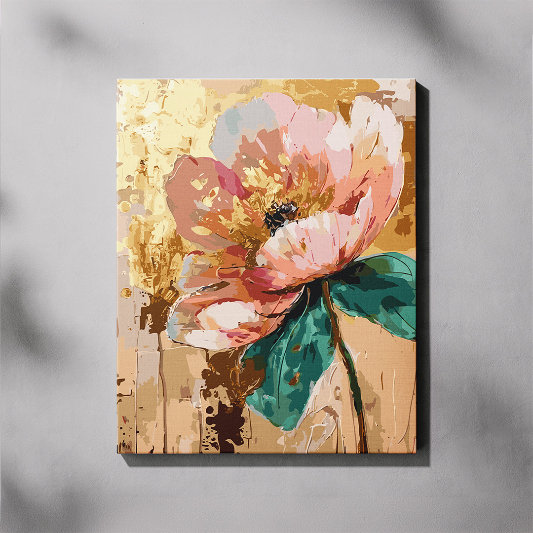 Floral painting with pink and green flowers on a textured beige background