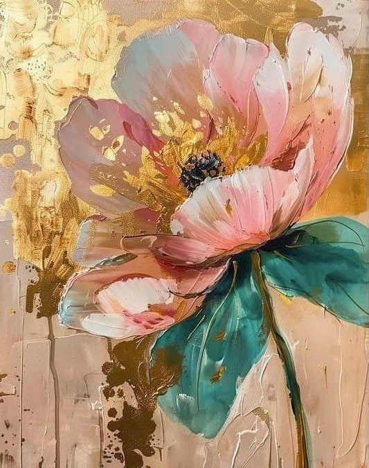 Artistic depiction of a pink flower with gold and brown abstract background