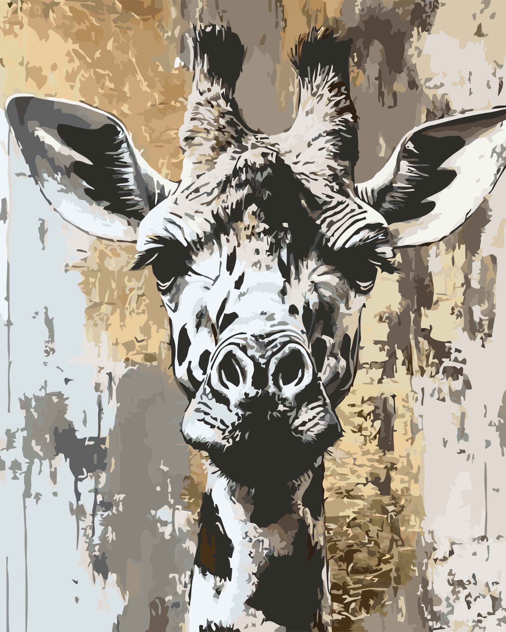Artistic depiction of a giraffe's head against a textured background