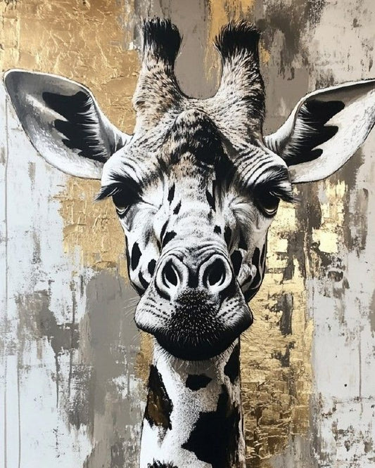 Giraffe painting with abstract gold and gray background