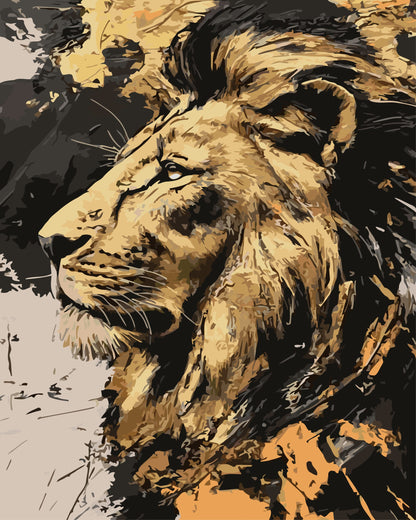 Artistic depiction of a lion's head with a styliSed background