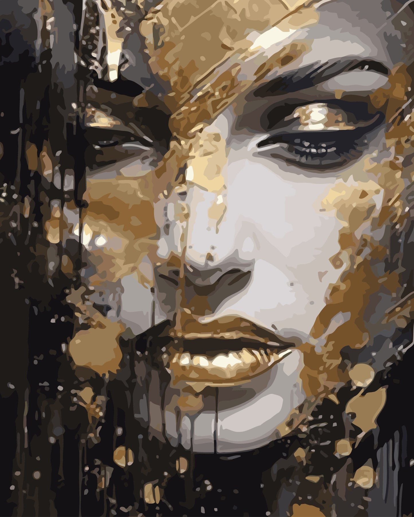 Large Golden Woman Portrait paint by number kit — painterly effect of an abstract golden woman portrait with bold black linework and metallic tones
