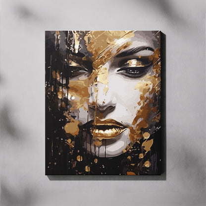 Large Golden Woman Portrait paint by number kit — completed canvas mockup of an abstract woman's face in gold, black and grey tones