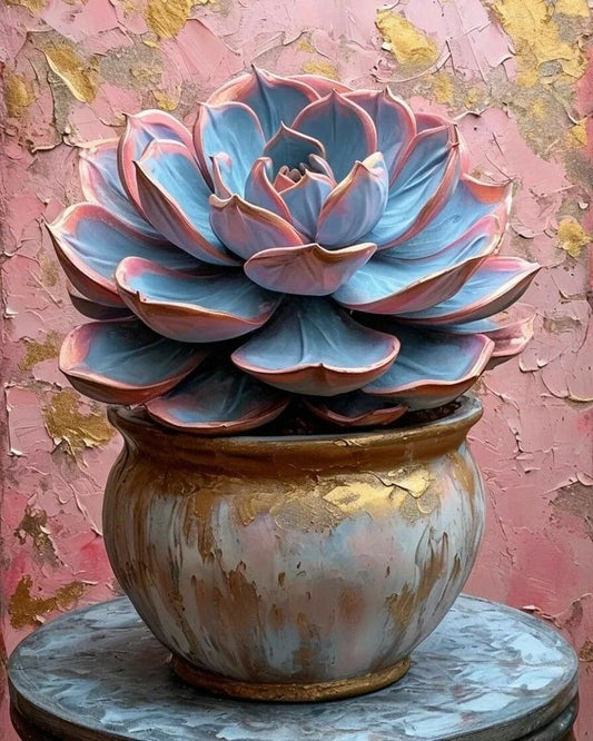 Decorative succulent plant in a pot on a textured surface with a pink and gold background
