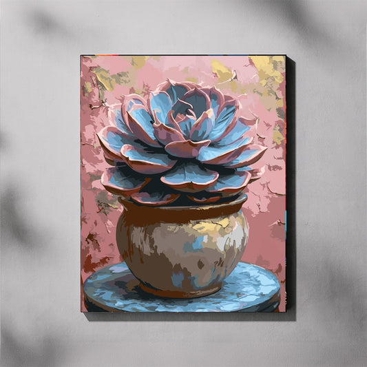 Canvas print of a blue succulent in a brown pot on a pink background