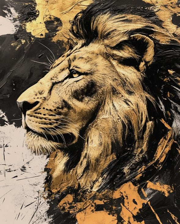 Artistic depiction of a lion with a stylized background