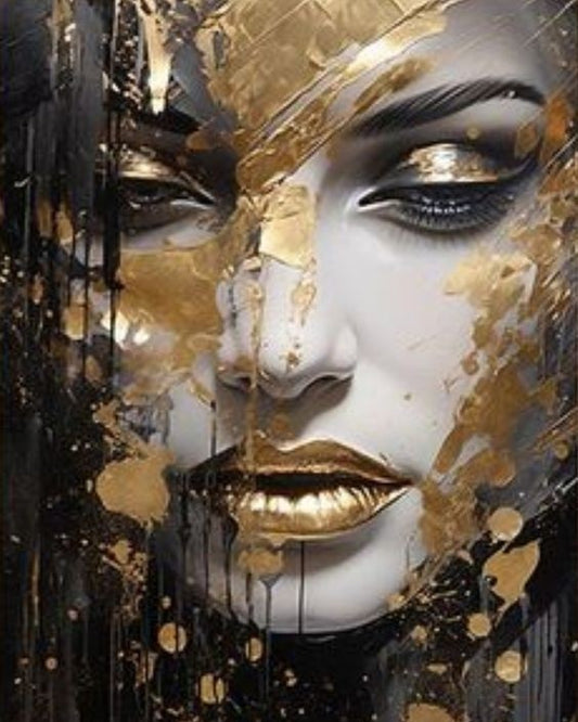 Artistic depiction of a face with gold and black abstract elements