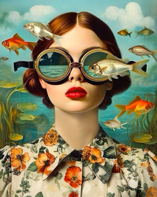 A surreal portrait of a woman with brown hair, wearing large round goggles and a floral collared blouse, surrounded by fish swimming in an underwater-style scene with blue water and clouds.