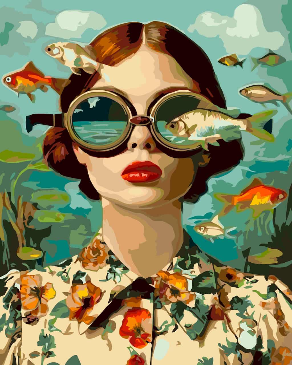 A stylized paint by number of a woman with brown hair, large round goggles, and red lips, wearing a cream floral collared shirt. Fish swim around her against an underwater-like teal background.