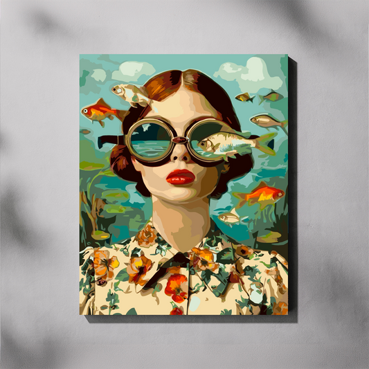 A canvas wall art paint by number featuring a stylized portrait of a woman with round goggles and red lips, surrounded by fish in a teal underwater scene, shown hanging on a light gray wall.