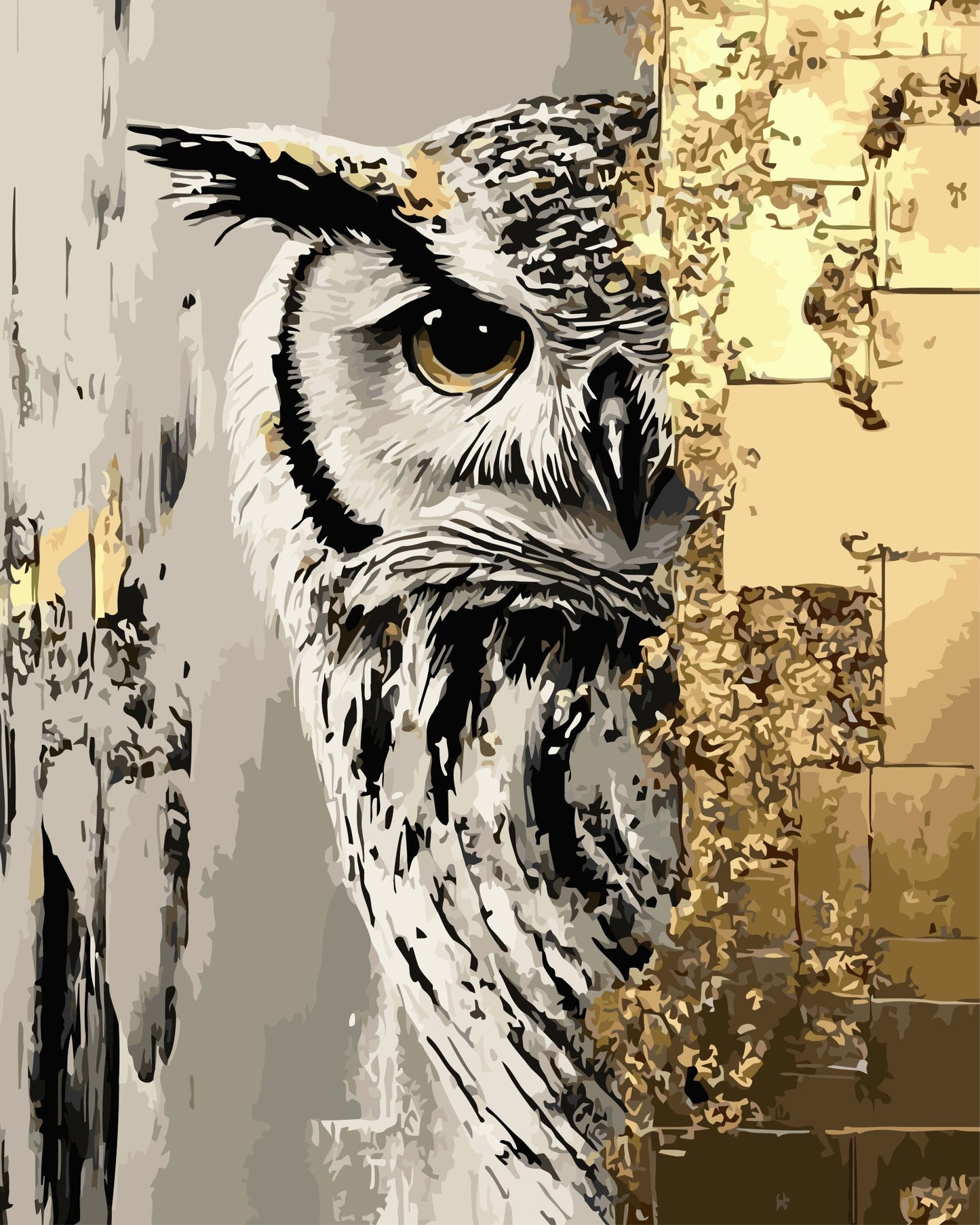 Owl peeking from behind a textured wall with gold and gray tones