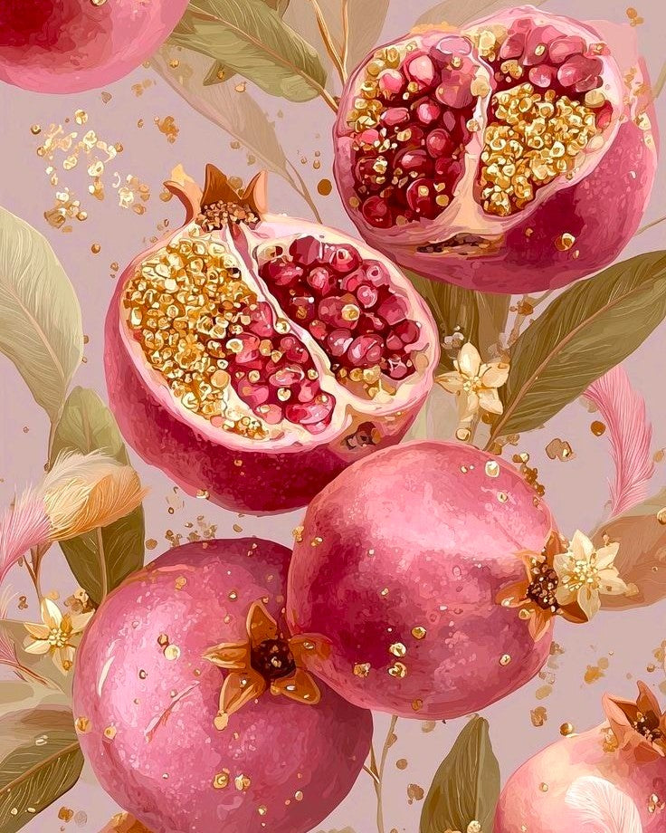 Watercolor-style paint by number of pomegranates, including whole fruits and halves showing deep pink seeds, with green leaves and scattered gold glitter accents on a soft mauve background