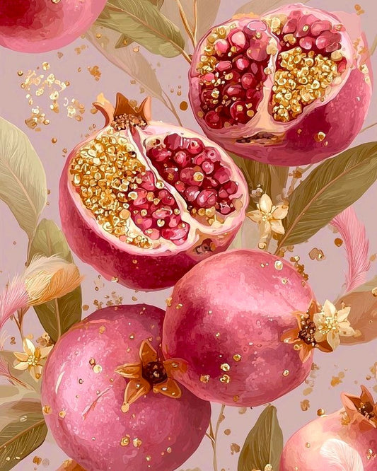 Watercolor-style paint by number of pomegranates, including whole fruits and halves showing deep pink seeds, with green leaves and scattered gold glitter accents on a soft mauve background