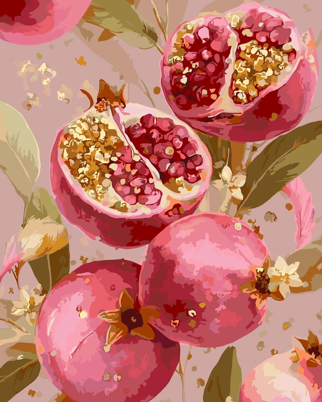 A stylized paint by number showing several pink pomegranates, some whole and some cut open to reveal red seeds and pale inner flesh, with green leaves and small white flowers on a soft beige background
