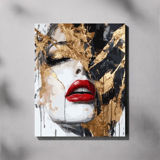 Abstract art painting of a face with red lips and gold accents on a gray background