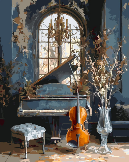 Grand Melody paint by number kit — painterly effect of a grand piano and cello in a soft blue room with arched window and glass vase