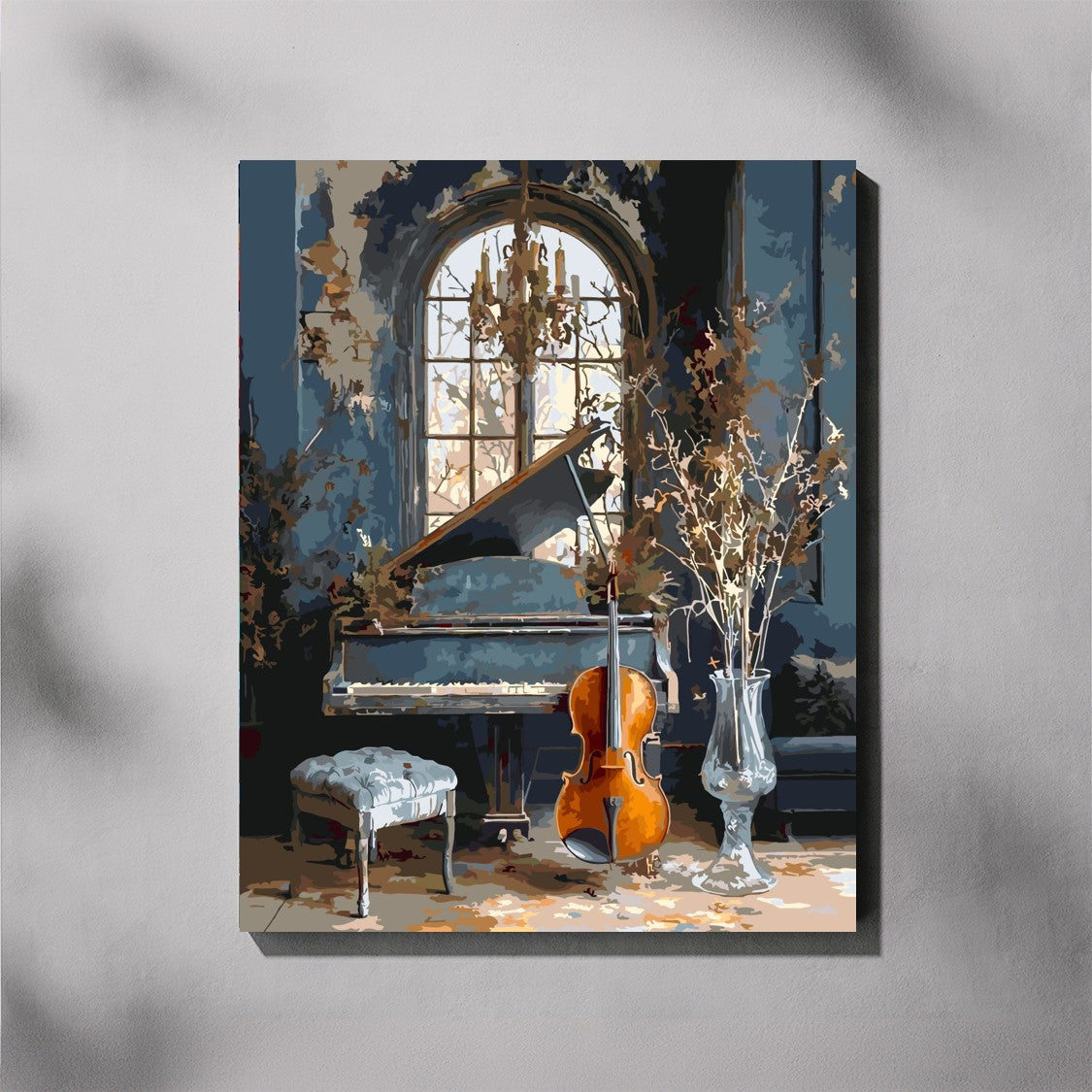 Grand Melody paint by number kit — completed canvas mockup of a dusty blue grand piano with a warm amber cello in an elegant interior with arched window
