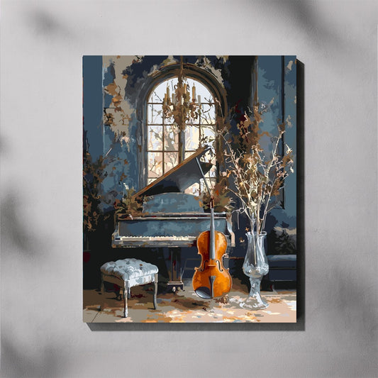 Grand Melody paint by number kit — completed canvas mockup of a dusty blue grand piano with a warm amber cello in an elegant interior with arched window
