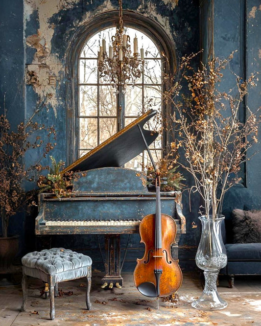 Grand piano in a room with blue walls, a chandelier, and decorative elements.