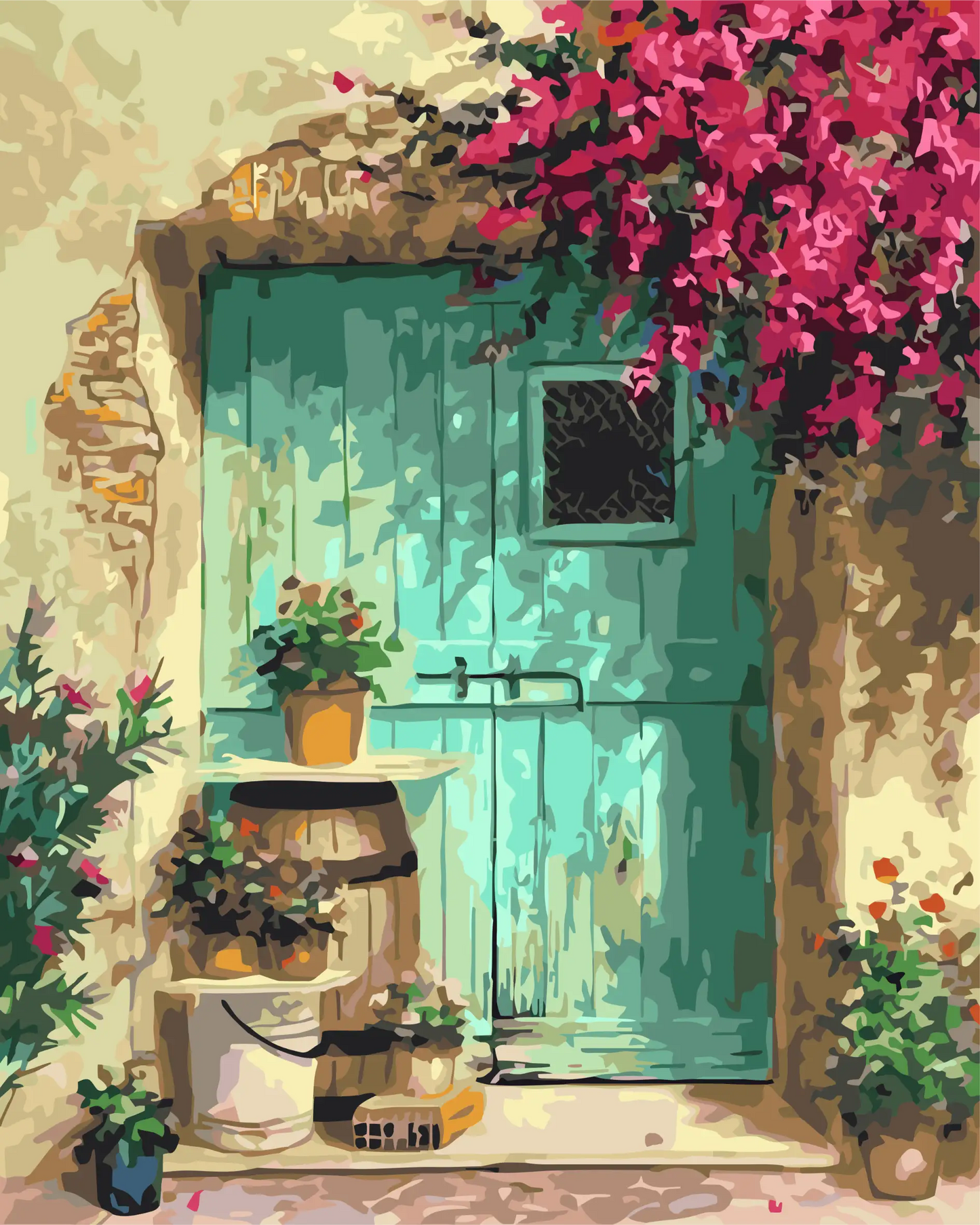 Turquoise door with floral decorations in a warm, sunlit setting