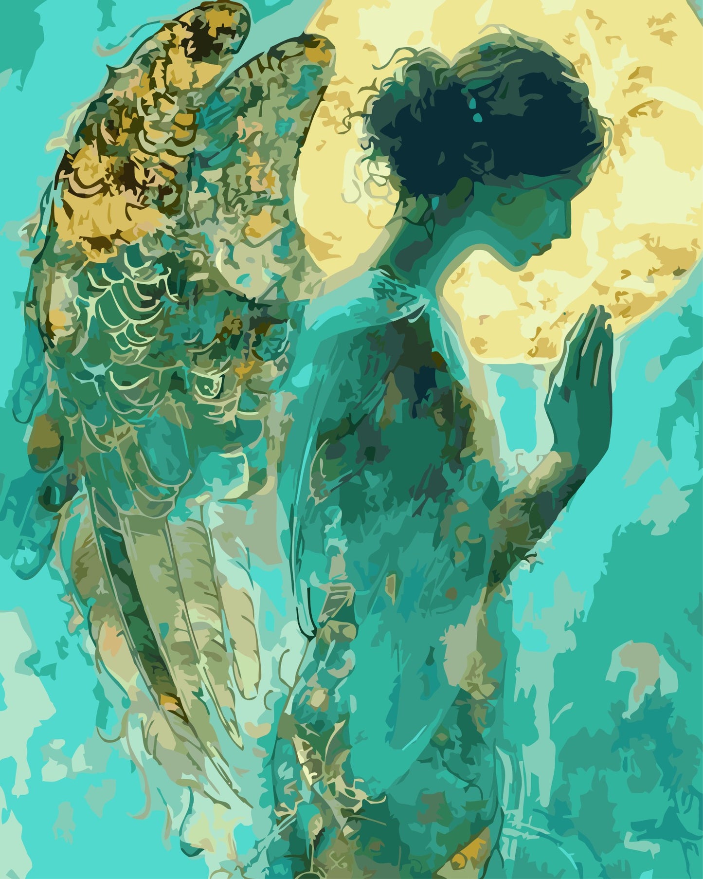 Guardian angel paint by number kit — ethereal angel figure in teal and antique gold with soft olive shadows and glowing halo effect