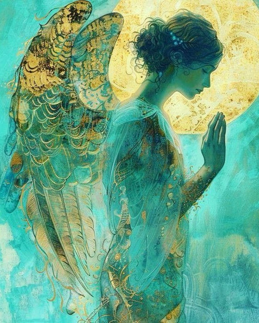 Guardian angel paint by number kit — praying angel with golden wings and aqua teal tones bathed in a warm golden moon halo