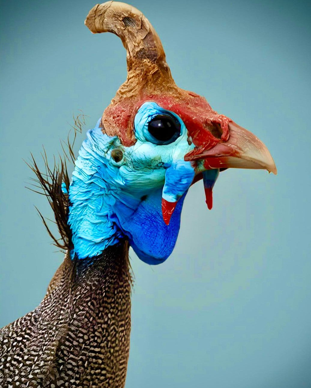 Close-up of a colorful bird with a blue face and red head against a light blue background
