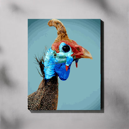 Canvas print of a colorful bird with a blue head and red beak on a gray background