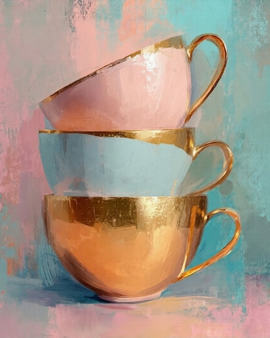 A stylized painting of three stacked teacups with gold trim, in soft pink, light blue, and metallic gold tones, set against a textured pastel background of pink, blue, and teal.