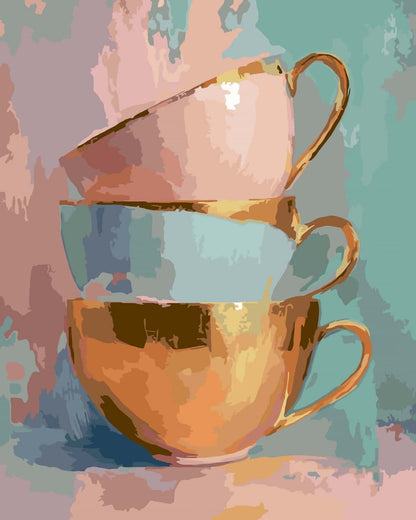 A stylized paint by number of three stacked teacups with gold rims, featuring pastel pink, light blue, and metallic gold tones against a textured background of teal, pink, and lavender.