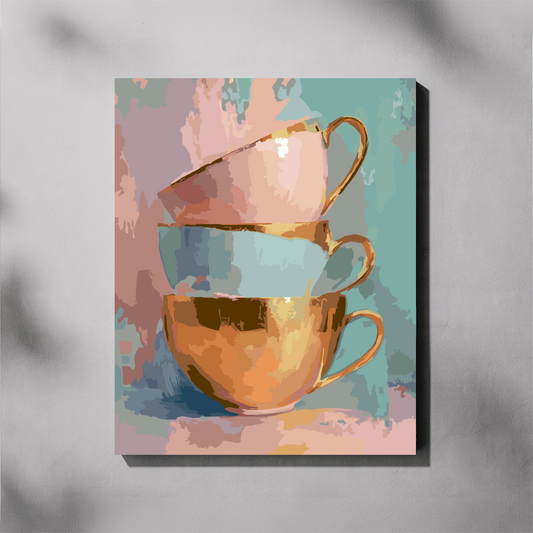 A stylized paint by number of three stacked teacups in pastel pink, light blue, and metallic gold, displayed on a textured gray wall with soft leaf shadows.