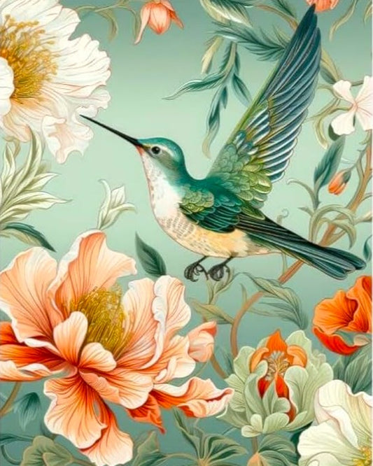 Illustration of a hummingbird among flowers on a light green background