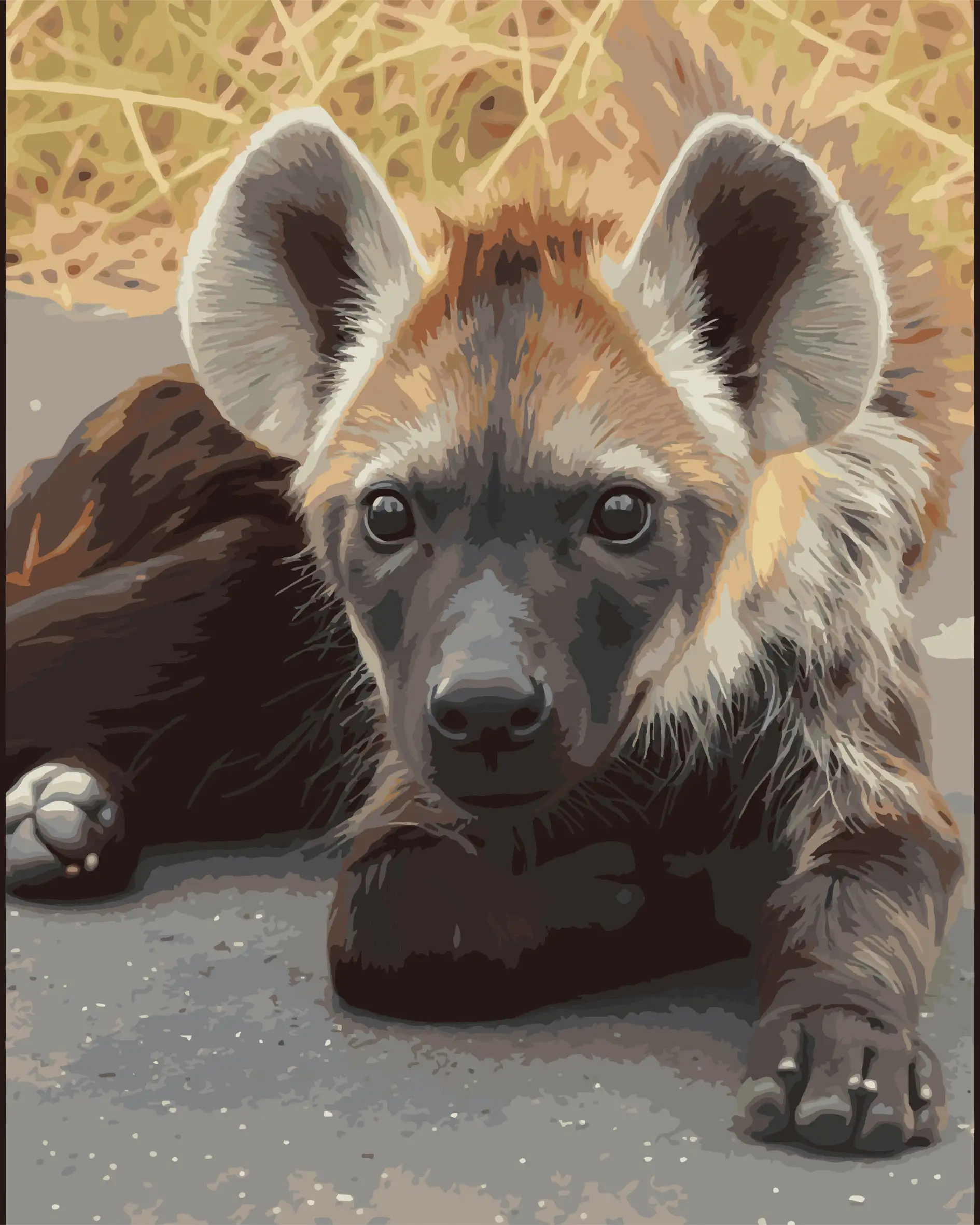 Hyena Cub paint by number kit — artistic effect of a spotted hyena cub lying in grass in sandy brown, warm grey and cream tones