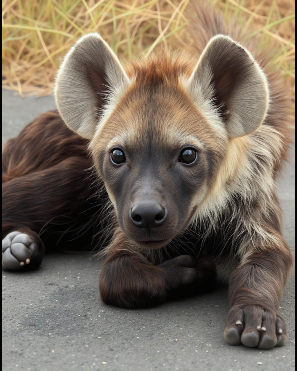 Young hyena lying on a road with grass in the background