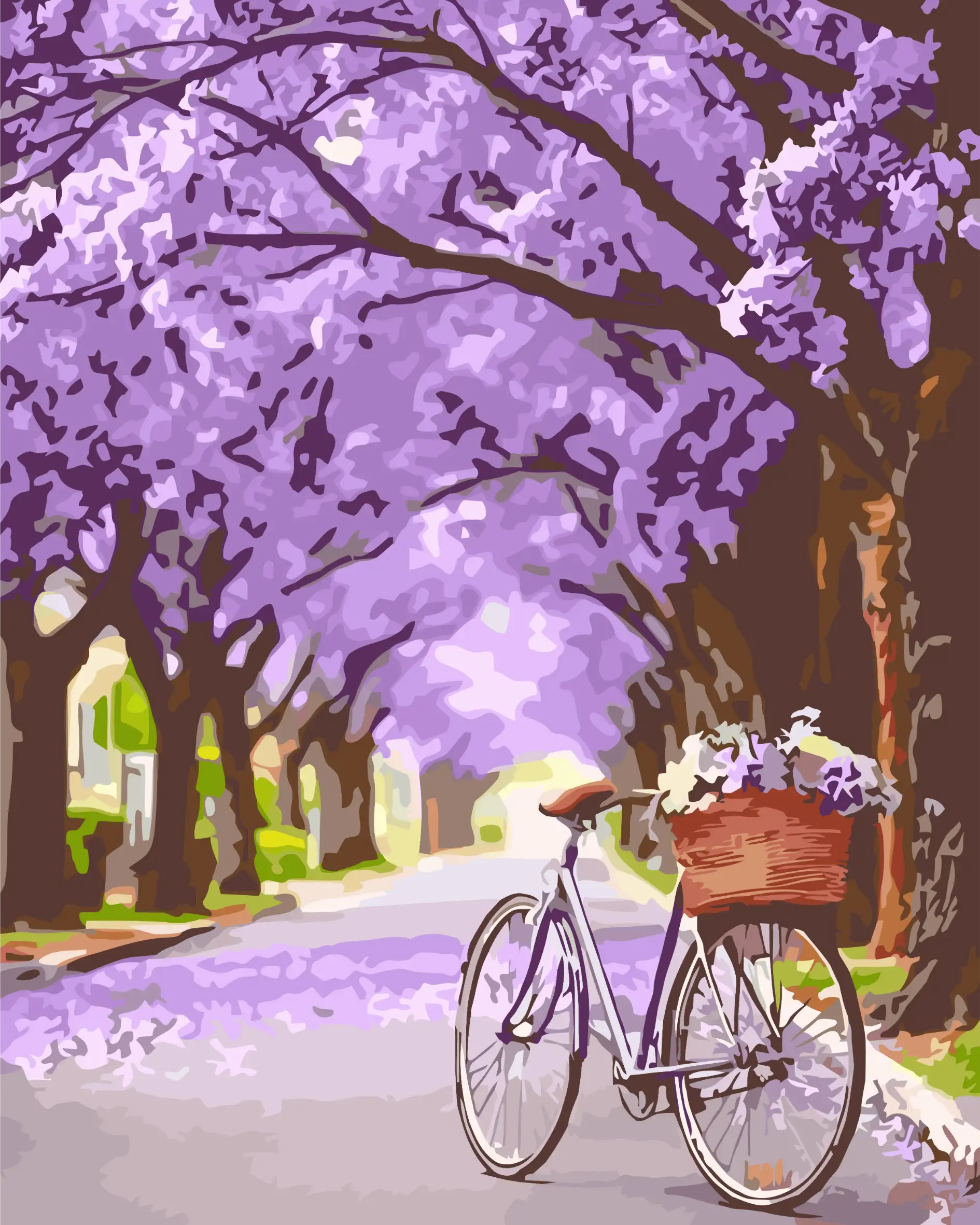 Paint by number of a Bicycle with a basket under a canopy of purple flowering jacaranda trees