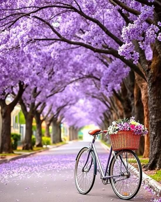 Bicycle with a basket of flowers parked under a canopy of purple flowering trees on a street.