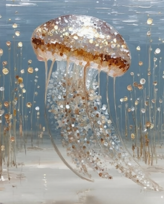 A glittery jellyfish artwork with a translucent dome and long trailing tentacles, set against a blue water-like background with floating reflective droplets.