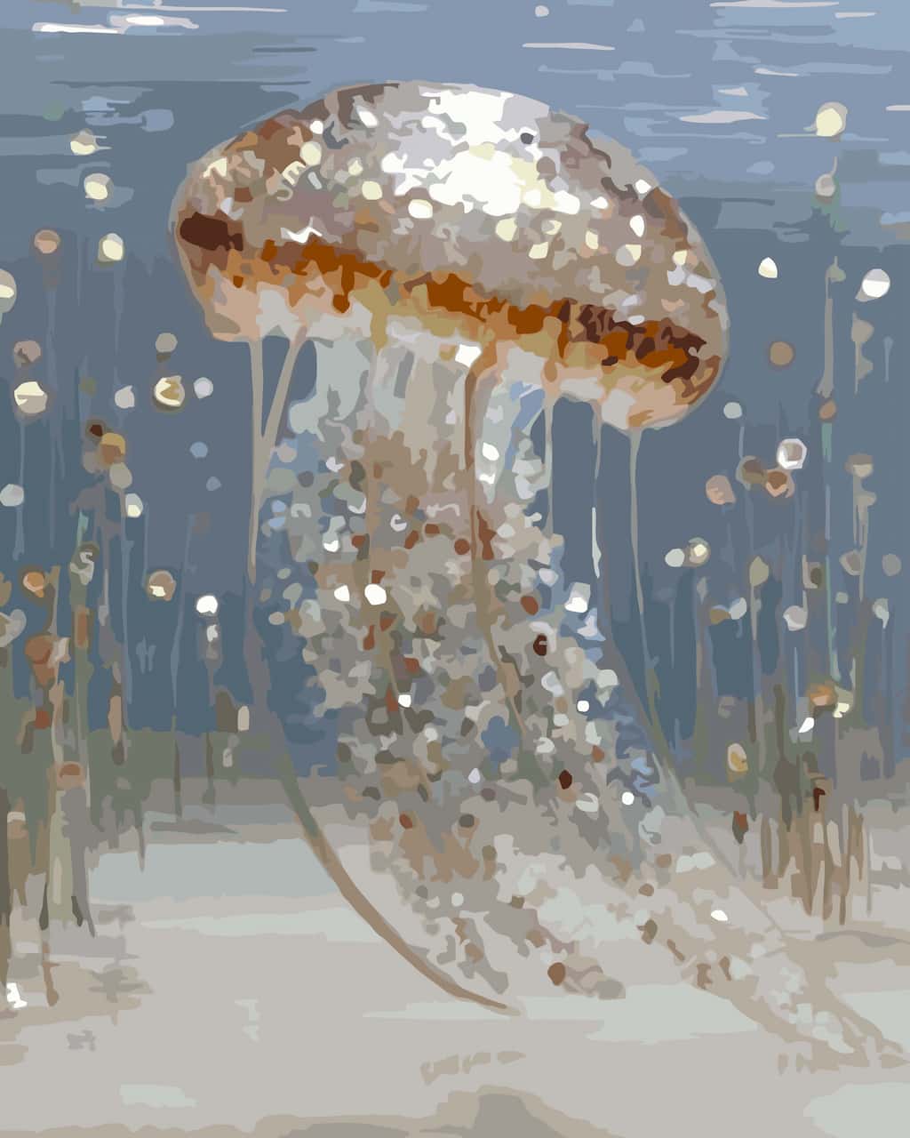 A underwater paint by number of a jellyfish with a shimmering silver and gold cap and trailing translucent tentacles, set against a muted blue-gray water background with small floating bubbles and sparse aquatic plants.