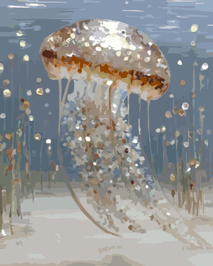 A underwater paint by number of a jellyfish with a shimmering silver and gold cap and trailing translucent tentacles, set against a muted blue-gray water background with small floating bubbles and sparse aquatic plants.
