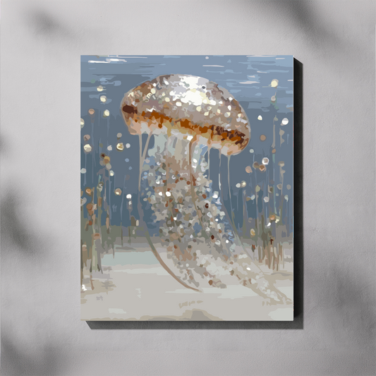 A vertical paint by number canvas wall art print depicting an underwater scene with a glowing jellyfish, shown hanging on a light gray wall with soft shadow overlays.