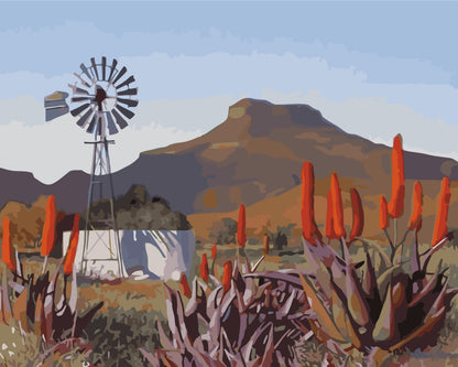 Paint by number of a windmill and desert landscape with mountains and aloes.